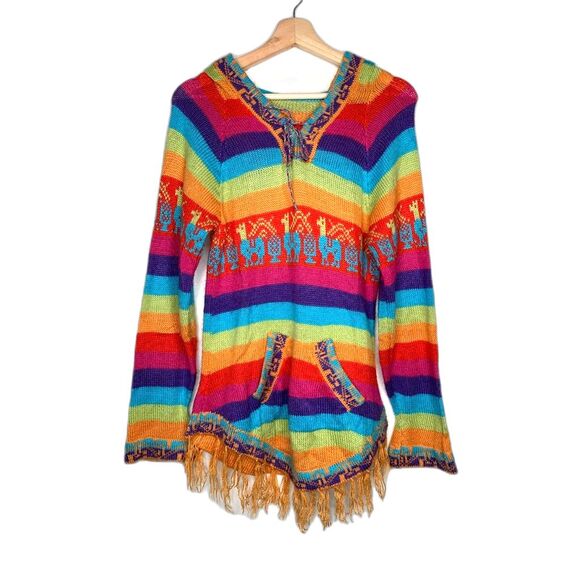 Cardigan Sweater Womens Multicolor Llama Rainbow Long Sleeve Hooded Boho S - Picture 1 of 11
